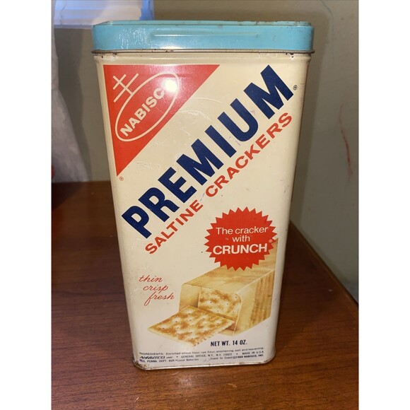 Vintage 1969 Nabisco Premium Saltine Cracker Tin 14oz. Light Blue Top - Picture 4 of 7
